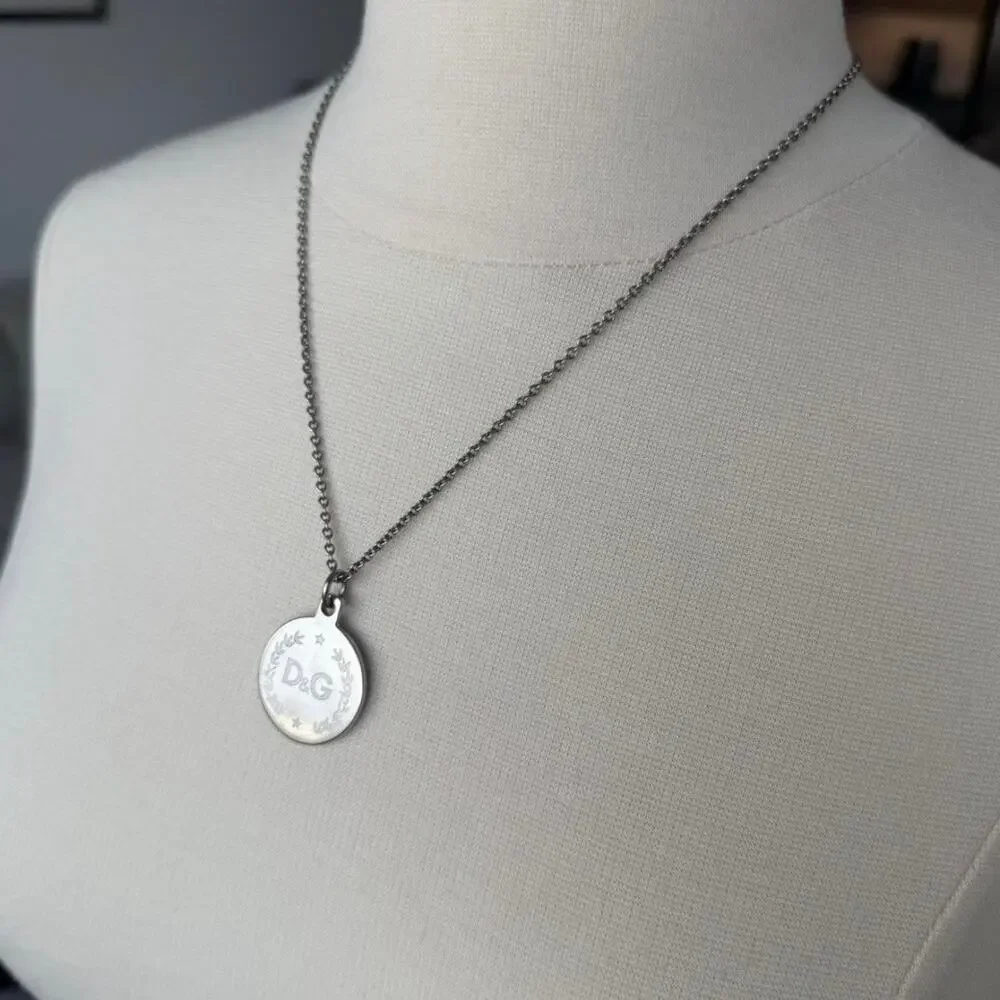 D&G Dolce & Gabbana Silver Logo Medallion Pendant Necklace